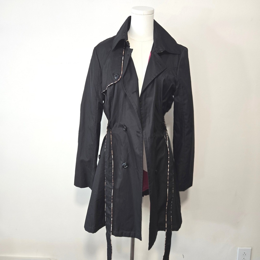 Betsey Johnson Trench Coat Womens XL Black Leopard Trim Corset Back Pink Lining